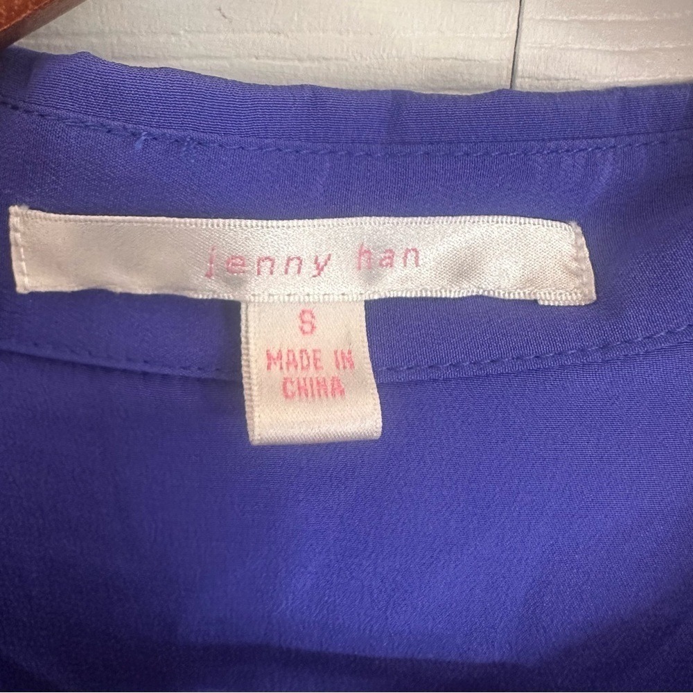 Jenny Han Royal Blue 100% Silk Roll Tab Sleeve Tunic Blouse Small Natural Fiber - Picture 2 of 10